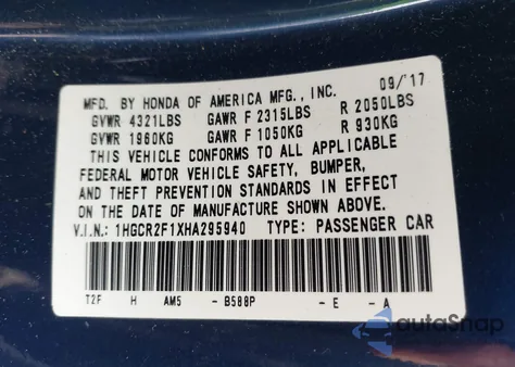 2017 Honda Accord Sport Se из США, поврежденный, VIN 1HGCR2F1XHA295940